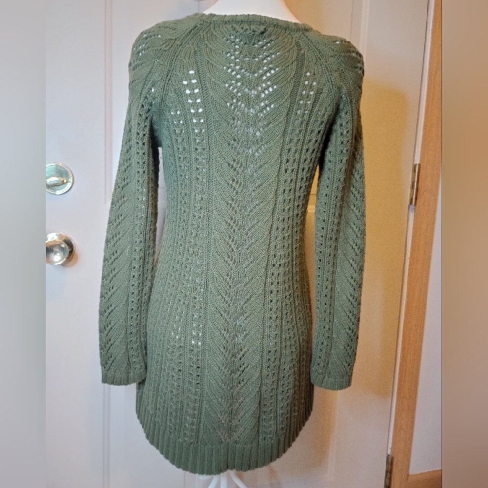 J Jill Army Green Olive Open Knit Sweater Chunky Long Size Small Vintage Braided
